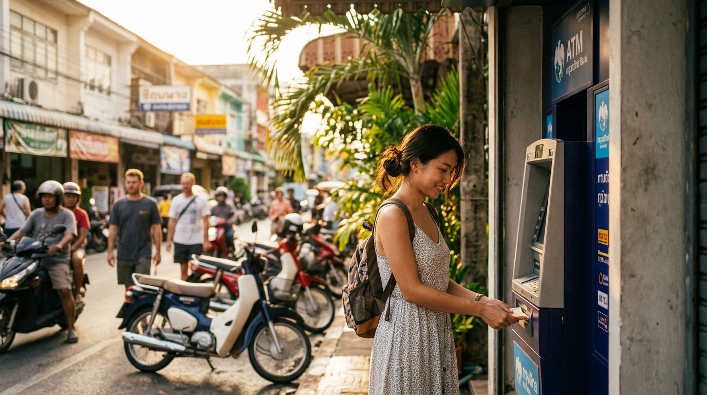 Withdrawing local cash from a bank ATM on a street abroad