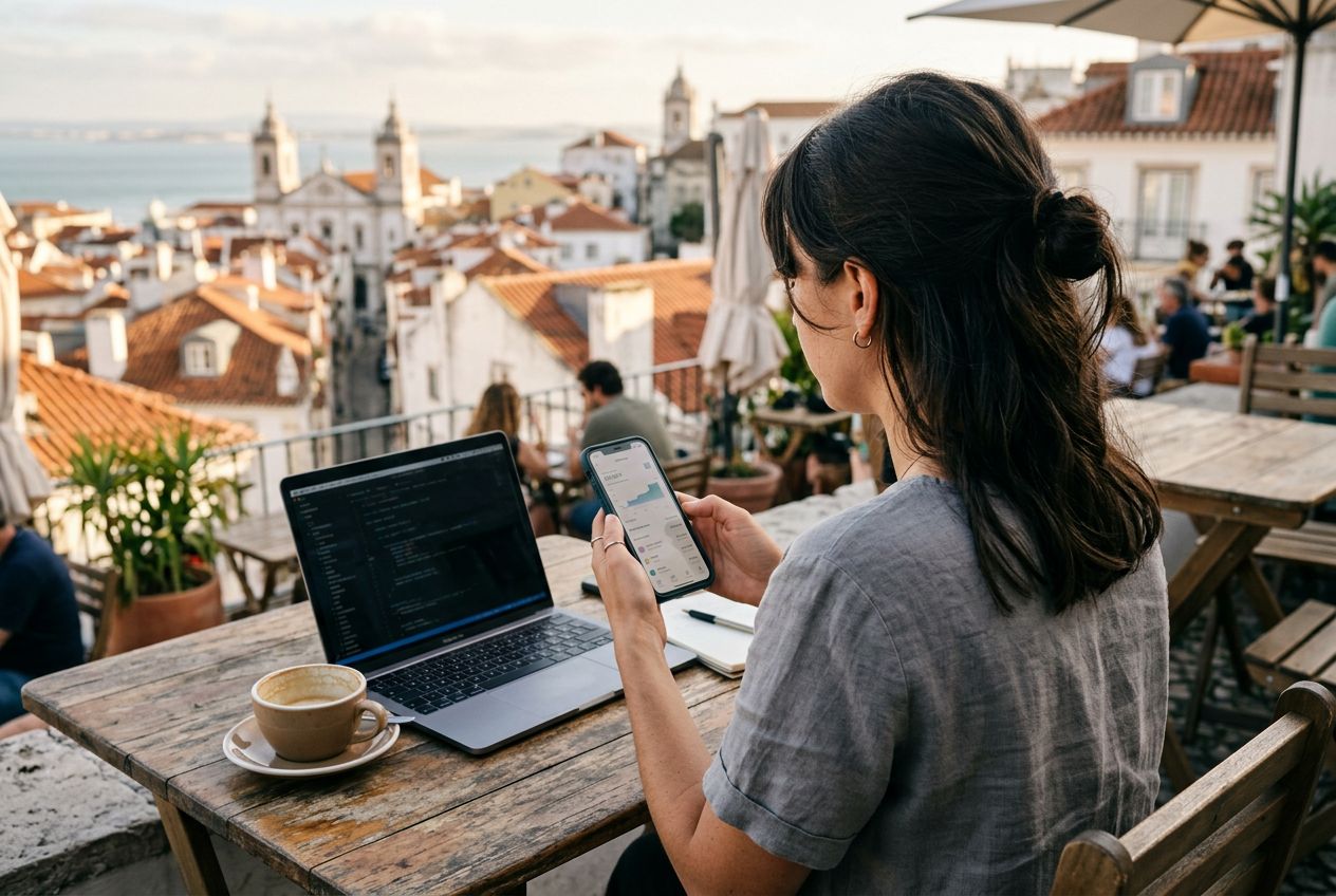 A digital nomad checking finances on a phone while working abroad