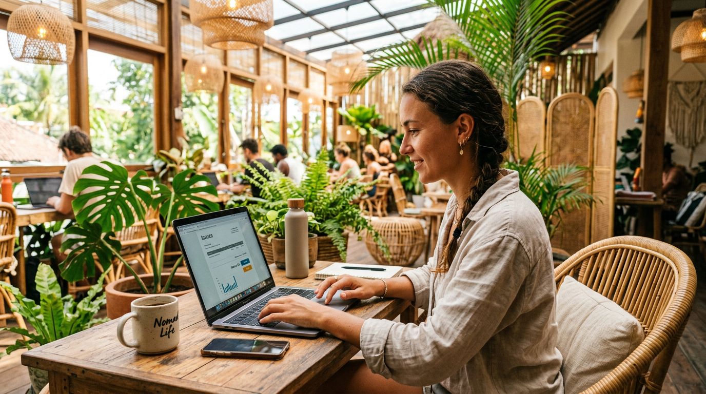 A freelancer sending an invoice from a laptop while abroad