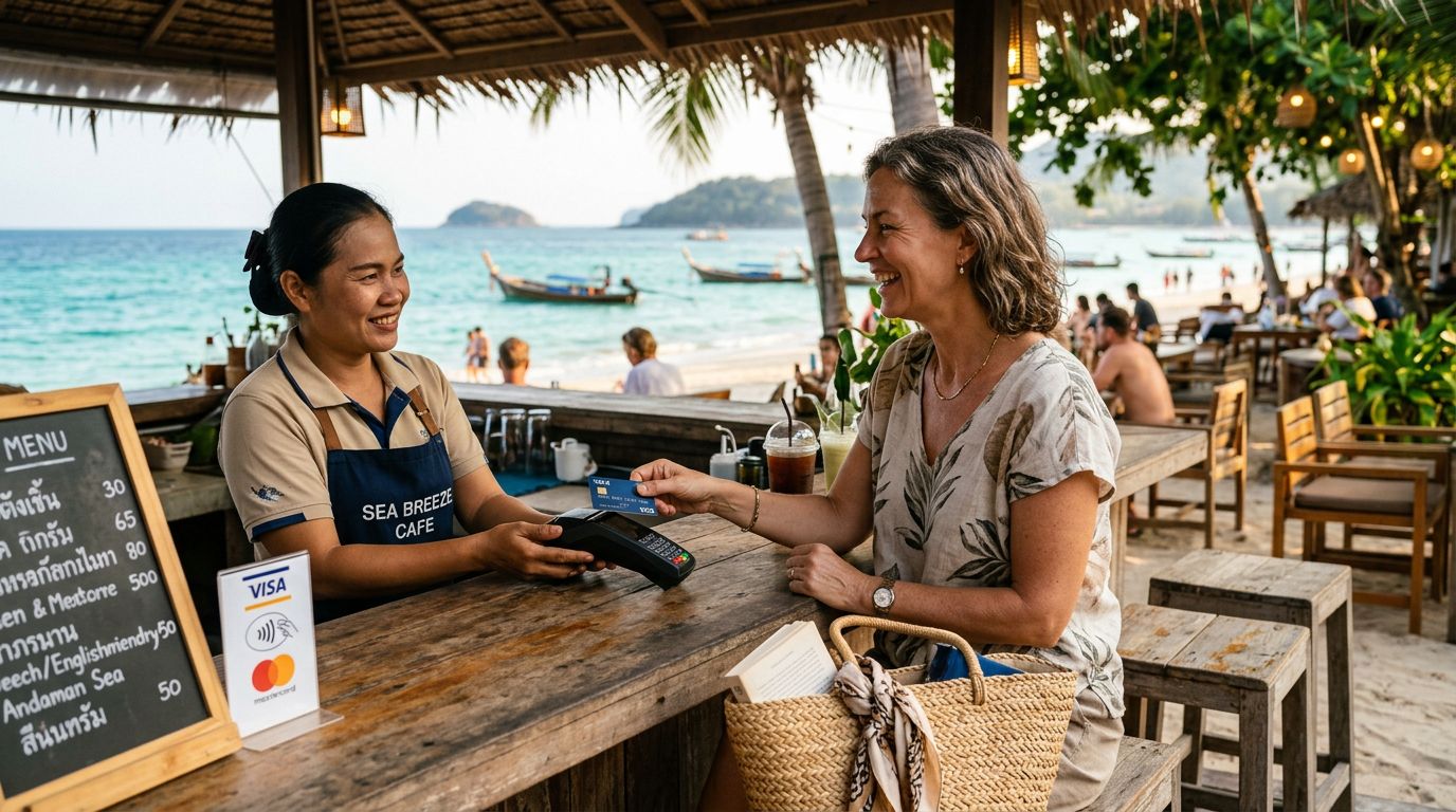 Tapping a card to pay at a café abroad