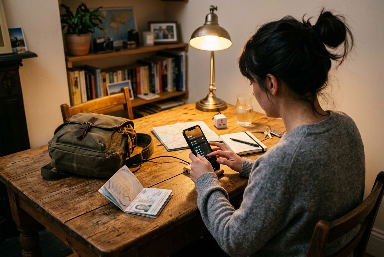 A traveler installing an eSIM on their phone before a flight
