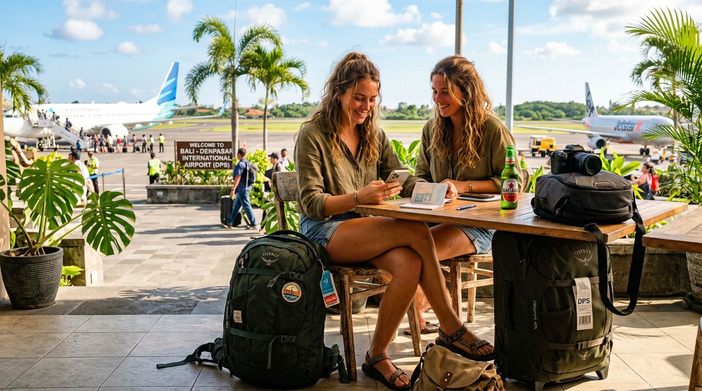 A digital nomad who has just arrived abroad, checking a phone with luggage