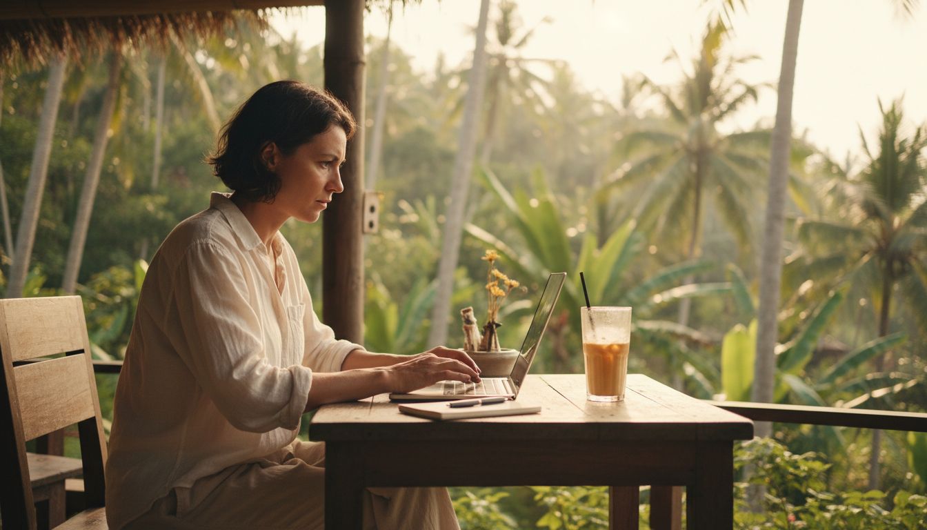 A digital nomad comparing Genki insurance plans on a laptop in a tropical cafe