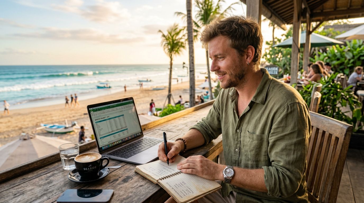 A digital nomad budgeting on a laptop at a beachside cafe