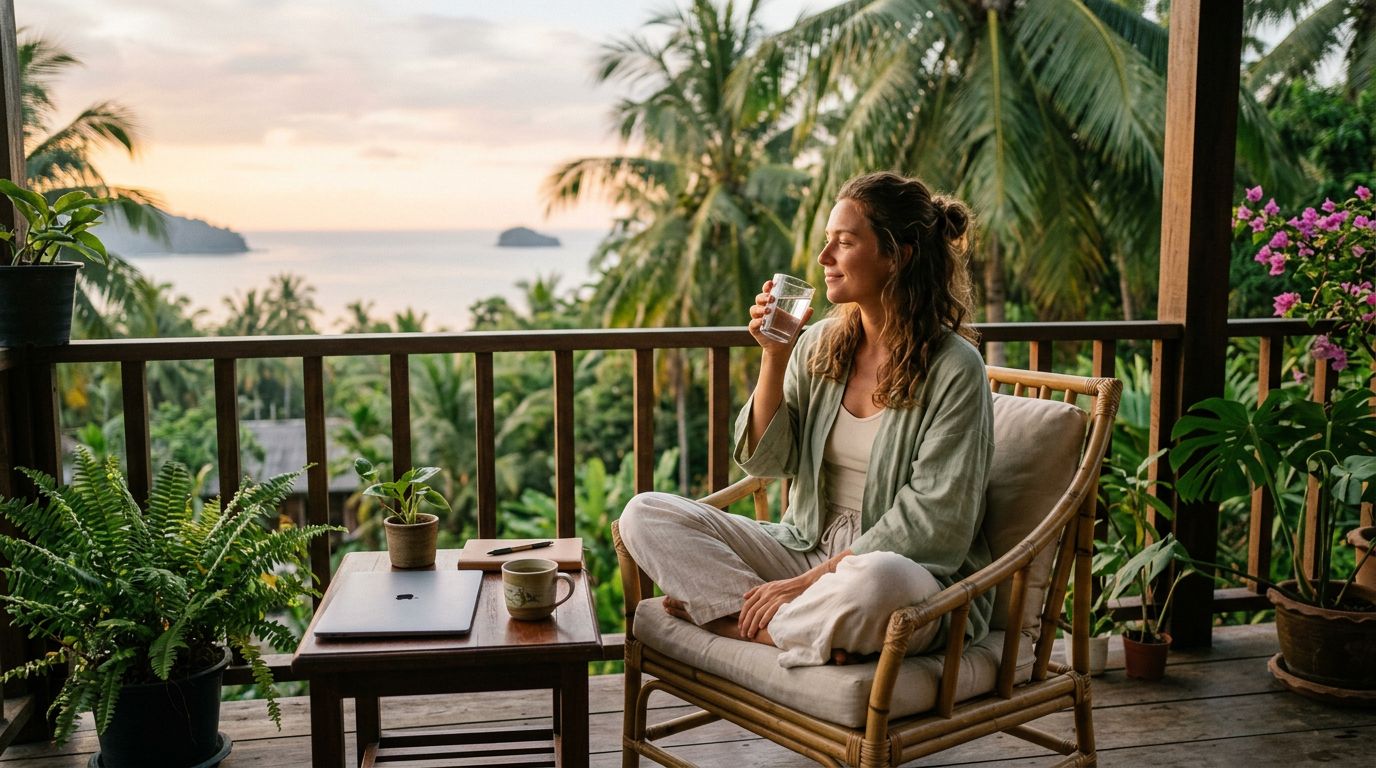 A digital nomad on a tropical balcony during a calm morning routine