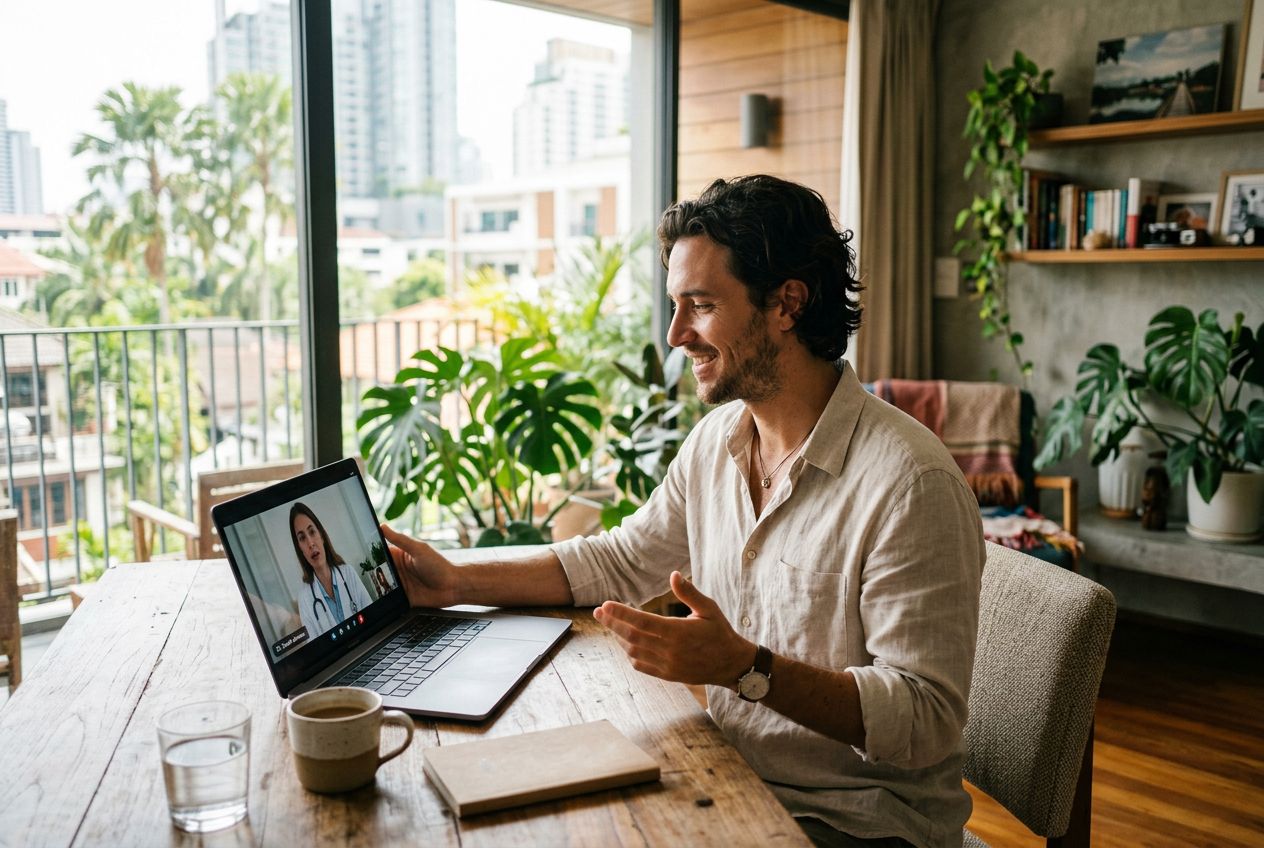 A person on a video health consultation on a laptop in a bright apartment abroad