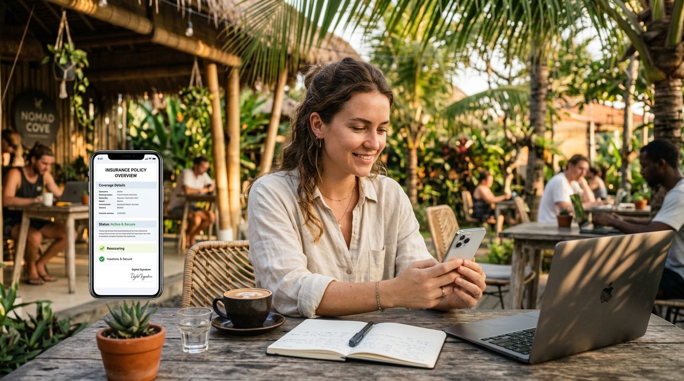 A digital nomad reviewing an insurance policy at a tropical cafe