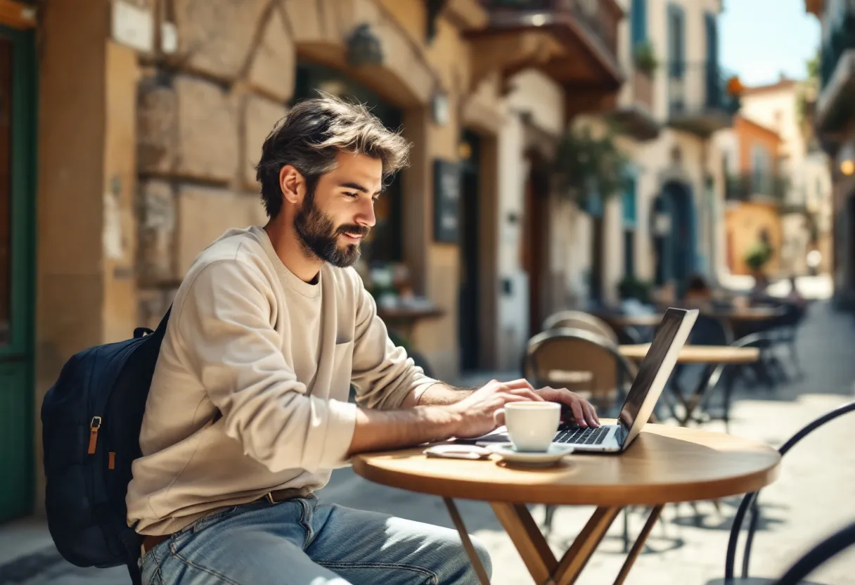 A digital nomad working on a laptop at an outdoor cafe abroad