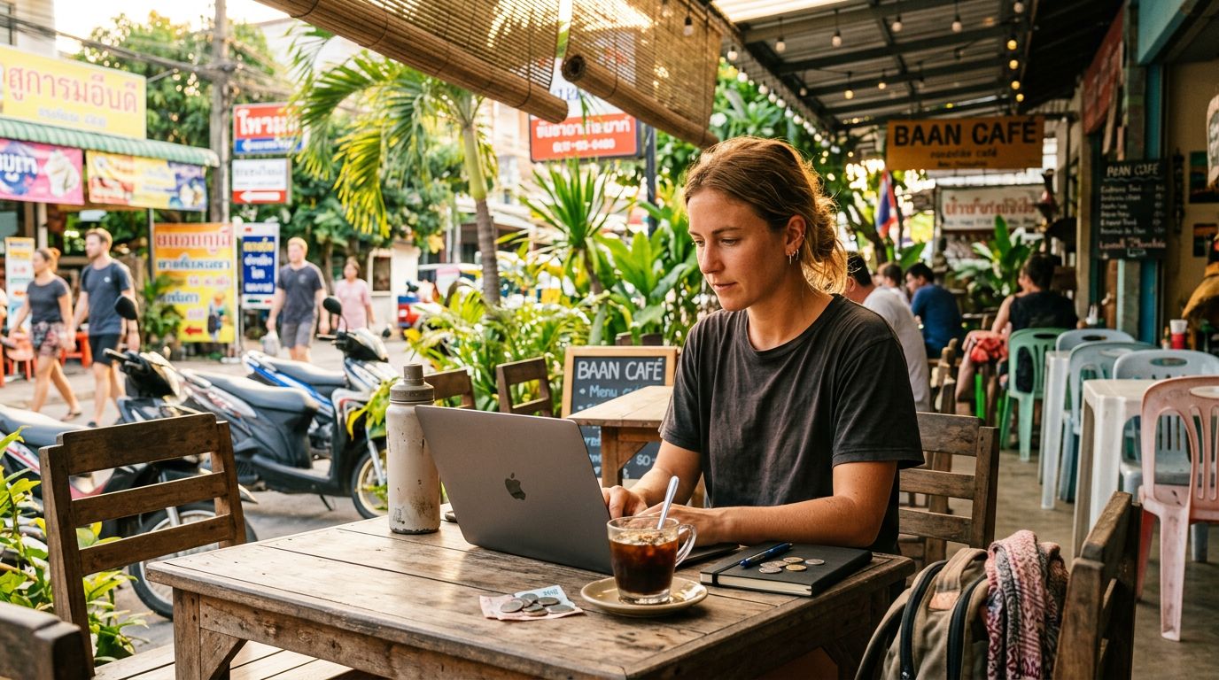 A budget-minded digital nomad working at an affordable tropical cafe