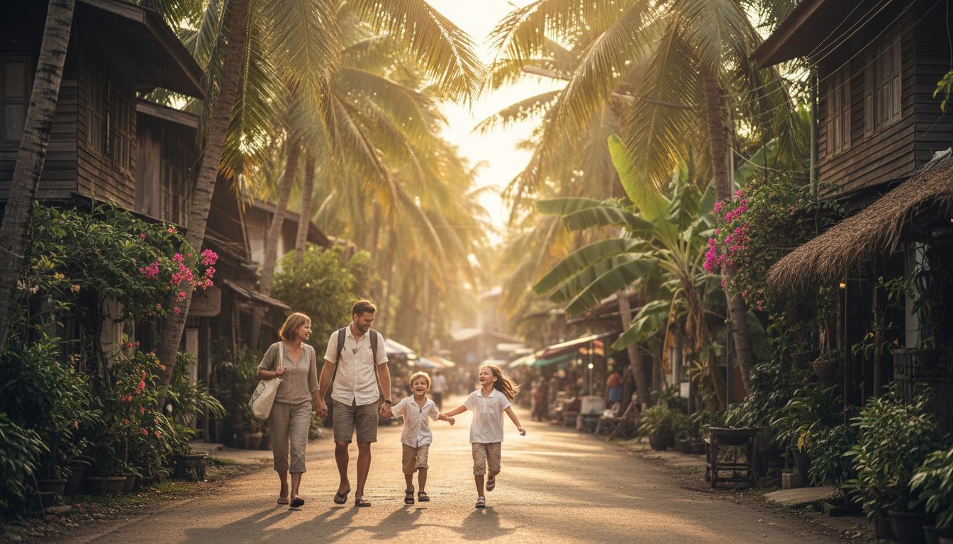 A family with two children walking together along a palm-lined street in a tropical town