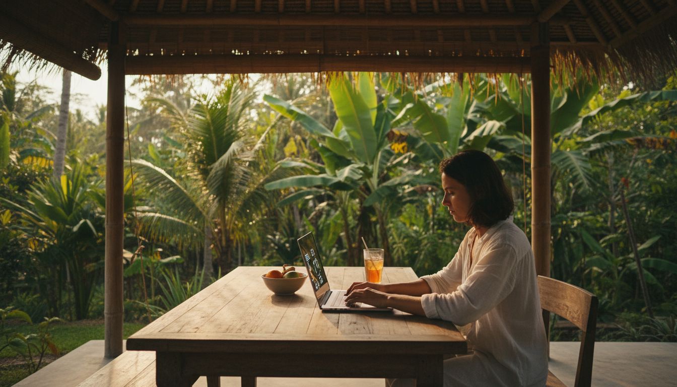 A remote worker at a laptop on a shaded open-air terrace surrounded by tropical greenery