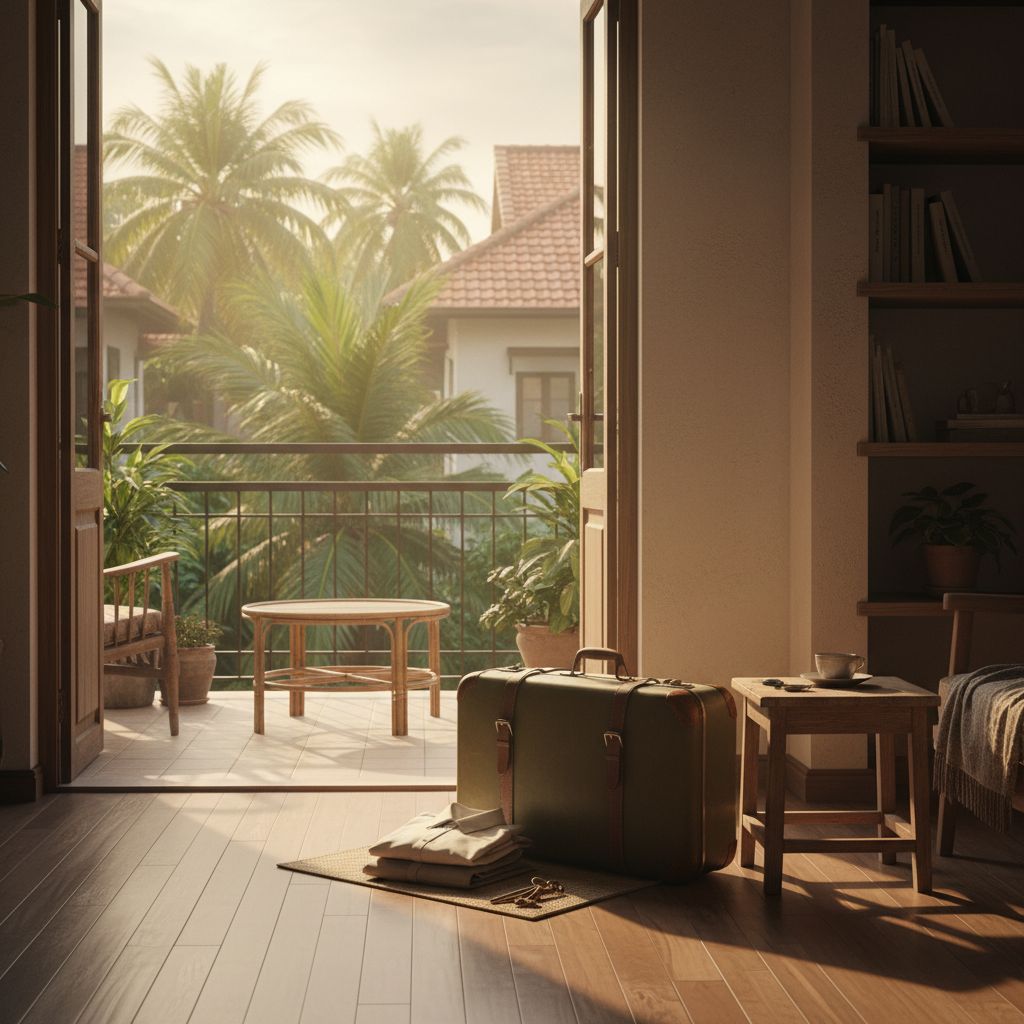 A packed suitcase by an apartment door at the end of a long stay abroad
