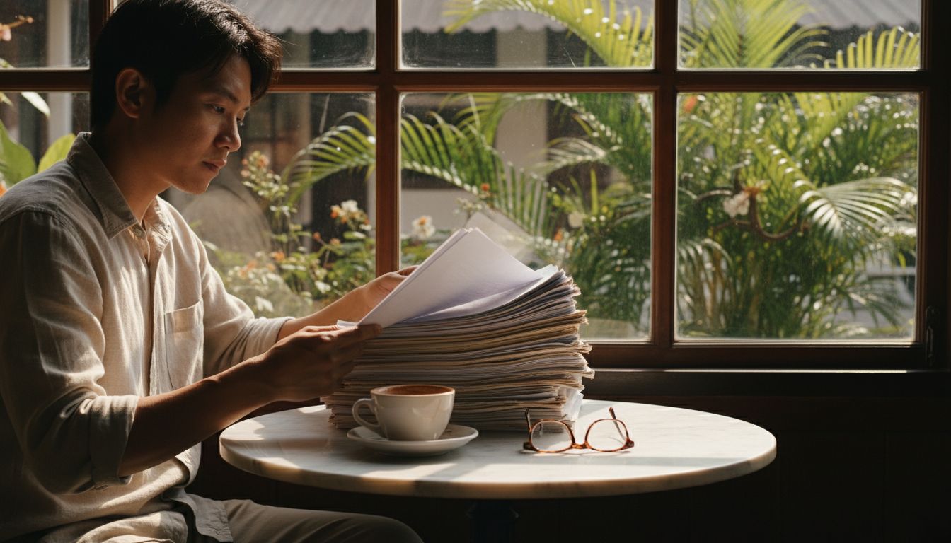 Someone reading a thick stack of official documents at a cafe table by a sunlit window