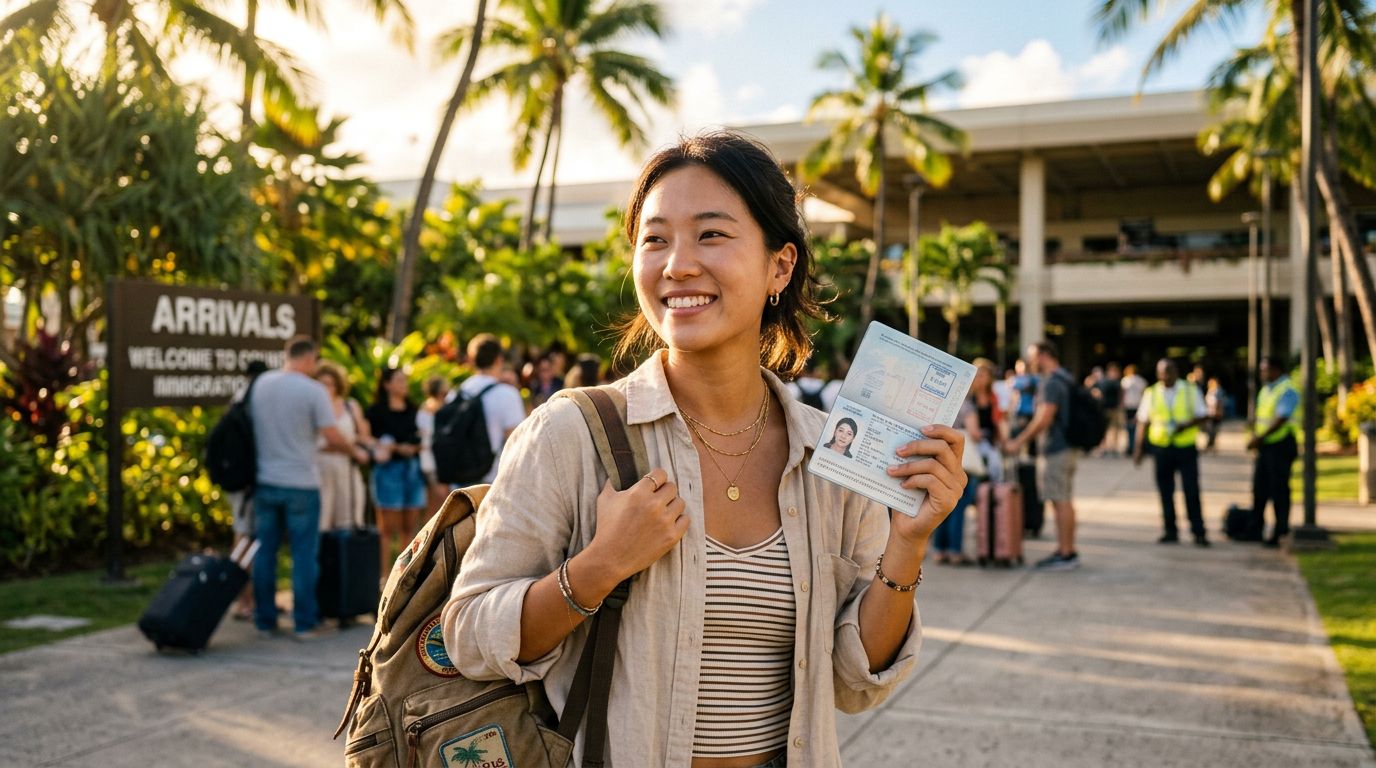 A digital nomad holding a passport after arriving abroad