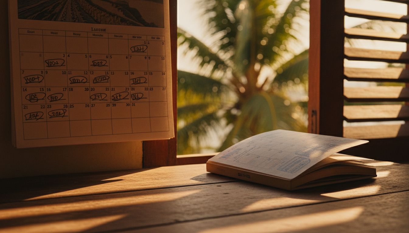 A wall calendar with days crossed off beside a passport on a desk in a sunlit tropical room